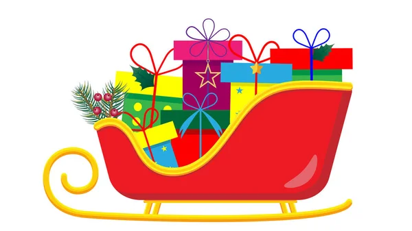 Renkli hediyeli kırmızı noel kızağı ve hediye kutuları, şeffaf arka planı olan böğürtlen ve dallar.