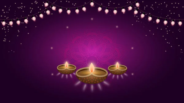 Dekoratif diwali festivali arka planında mandala rangoli desenleri ve yağ kil lambaları var.