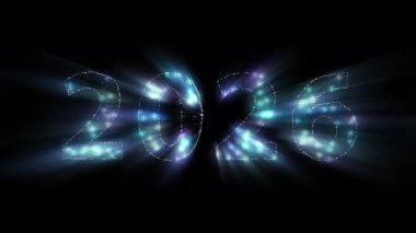 Işıldayan ışık ışınları ve parıldayan hareketlerle parıldayan mavi parçacıklardan oluşan parlayan 2026 sayısı. Yeni yıl kutlamaları, geri sayımlar ve festival videoları için mükemmel. Şeffaf alfa kanalı BG