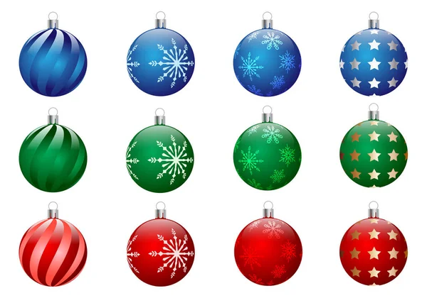 12 noel mücevheri, farklı tasarımlarda ve farklı renklerde toplar, mavi, yeşil ve kırmızı