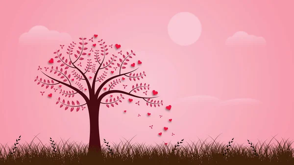 Romantik Aşk Ağacı arka planında pembe renkler, ön planda yabani çayırlar, kavramlar, fikirler.