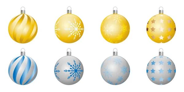Kar taneleri, yıldızlar ve çizgili altın ve gümüşten Noel süslemeleri seti şeffaf arkaplanda bayram süslemeleri vektörü