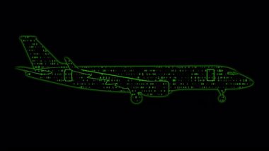 Hareket halindeki ikili kodlarla dolu 4 adet kusursuz kargo uçağı silueti, yapay zeka lojistiğini sembolize ediyor, ve akıllı ulaşım çözümleri, alfa kanal arkaplanı