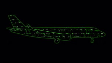 Hareket eden onaltılık kod ile dolu, parlayan bir kargo uçağı siluetinin 4 kusursuz döngüsü, yapay zeka lojistiğini sembolize ediyor, ve akıllı ulaşım çözümleri, alfa kanal arkaplanı