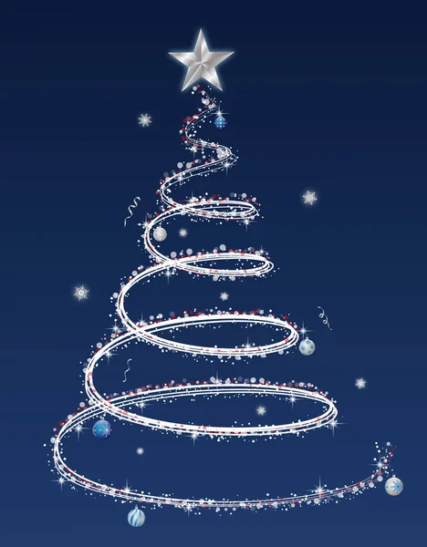 Parlak spiral çizgilerden, mücevherli kar tanelerinden ve koyu mavi arka planda bir yıldızdan oluşan gümüş Noel ağacı çizimleri.