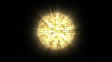 Parlayan ışık huzmeleri ve parıldayan yansımalarla altın disko topu animasyonu. Yayın, gece hayatı, müzik videoları, etkinlikler ve parti görselleri için mükemmel. Kusursuz döngü, şeffaf alfa kanalı BG