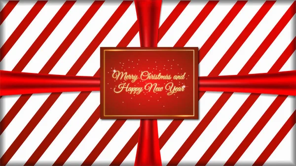 Kırmızı Kurdeleli 3D Vektör Noel Hediyesi Kutusu ve Çizgili Arkaplanda Tebrik Kartı Görünümü 
