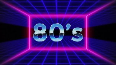 Neon ızgaralı Retro 80 'ler giriş animasyonu, parlayan pembe çerçeve ve krom metin, müzik videoları, tanıtımlar, klasik estetik ve dijital arkaplan için mükemmel sentetik dalga tarzı