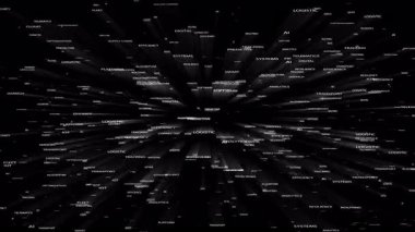 Lojistik anahtar sözcükler bir kamyon silueti oluşturmak için birlikte uçuyor. Dinamik tipografi hareketli soyut lojistik ve tedarik zinciri konsepti videosu, 3D ve 2B sürümlü Set, alfa kanal BG