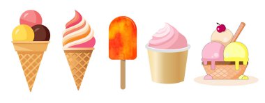 Dondurma, dondurma, dondurma, dondurma ve dondurma gibi rengarenk çizimler. Yaz, tatlı ve yemekle ilgili tasarım projeleri için mükemmel.