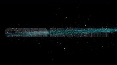 Uçan parçacıklar ve parlayan erime izi ile CYBER Güvenliği metnini dilimleyen mavi çapraz ateş çizgisi animasyonu, alfa kanalı ile şeffaf BG, siber güvenlik ve hacker temaları için kaplama