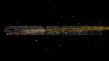 Uçan parçacıklar ve parlayan erime izi ile CYBER Güvenliği metnini dilimleyen turuncu çapraz ateş çizgisi animasyonu, alfa kanallı şeffaf BG, siber güvenlik ve hacker temaları için kaplama