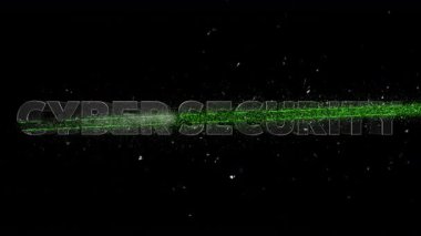 Uçan parçacıklar ve parlayan erime izi ile CYBER Güvenliği metnini dilimleyen yeşil çapraz ateş çizgisi animasyonu, alfa kanallı şeffaf BG, siber güvenlik ve hacker temaları için kaplama