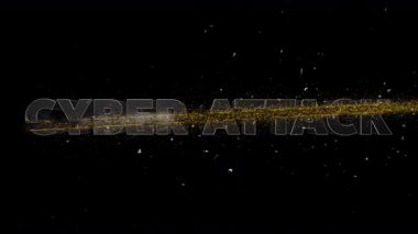 Uçan parçacıklar ve parlayan erime izi ile CYBER Saldırı metnini kesen turuncu çapraz ateş çizgisi animasyonu, alfa kanalı ile şeffaf BG, siber güvenlik ve hacker temaları için kaplama