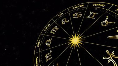 Yıldızlı bir arkaplan üzerinde üç boyutlu uzayda dönen zodyak sembollü animasyon altın tekerleği, fütüristik astroloji hareketli arka plan yıldız, mistik ve ruhani temalar için idealdir.