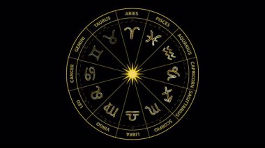 Altın zodyak çarklı animasyon, 12 astrolojik burç işareti ve kararma etkisi. Fal, manevi, kozmik ve astroloji projeleri için ideal alfa kanalı BG 'de lüks astroloji örtüşür.