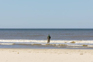 Danimarka sahilinin güneşli manzarası. Sığ ve sakin denizde balık tutan bir adam. Huzurlu sahil sahnesi uzayı, ışığı ve deniz kenarında bir günün dinlendirici ritmini yakalar.
