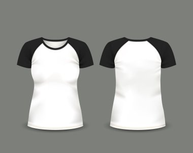Ön ve arka görünümlerinde kadın raglan t-shirt. Vektör şablonu. Tamamen düzenlenebilir el yapımı örgü