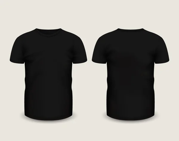 Camiseta para hombre negra de manga corta en las vistas delantera y trasera. Plantilla vectorial. Malla hecha a mano totalmente editable — Vector de stock