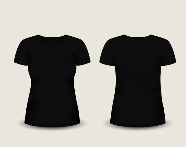 Camiseta para mujer negra de manga corta en las vistas delantera y trasera. Plantilla vectorial. Malla hecha a mano totalmente editable — Vector de stock