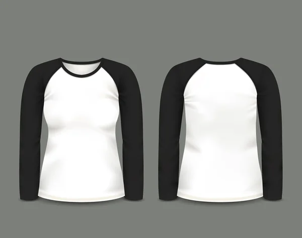 Manga comprida de camisola raglan preta das mulheres nas vistas frontal e traseira. Modelo de vetor. Malha artesanal totalmente editável — Vetor de Stock