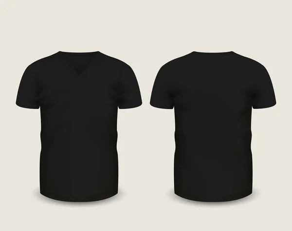 T-shirt homme col V noir manches courtes devant et derrière. Modèle vectoriel. Maille entièrement modifiable à la main — Image vectorielle