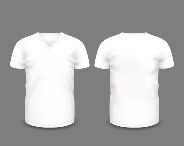 Mens white V-neck t-shirt short sleeve in front and back views. Vector template. Fully editable handmade mesh — Stock Vector