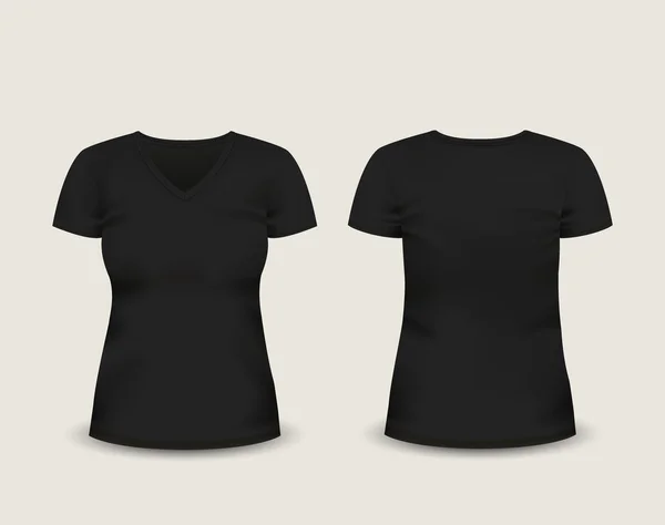 Frauen schwarzes T-Shirt mit V-Ausschnitt und kurzem Ärmel mit Vorder- und Rückansichten. Vektorvorlage. vollständig editierbares, handgemachtes Mesh — Stockvektor