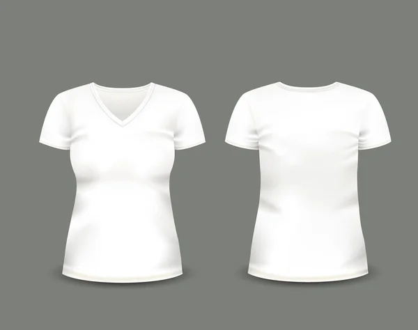 Camiseta de manga corta de cuello en V blanco para mujer con vistas frontales y traseras. Plantilla vectorial. Malla hecha a mano totalmente editable — Vector de stock