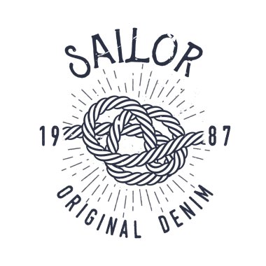 Deniz düğüm, kuvvetli güneş ışığı ve yazı Retro deniz etiketle. Vektör çizim için etiket t-shirt baskı, vintage rozetleri ve logo tasarımı.