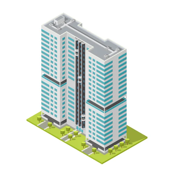 リアルな事務所ビル、等尺性の超高層ビル、モダンなアパートメントです。ベクトル図. — ストックベクタ