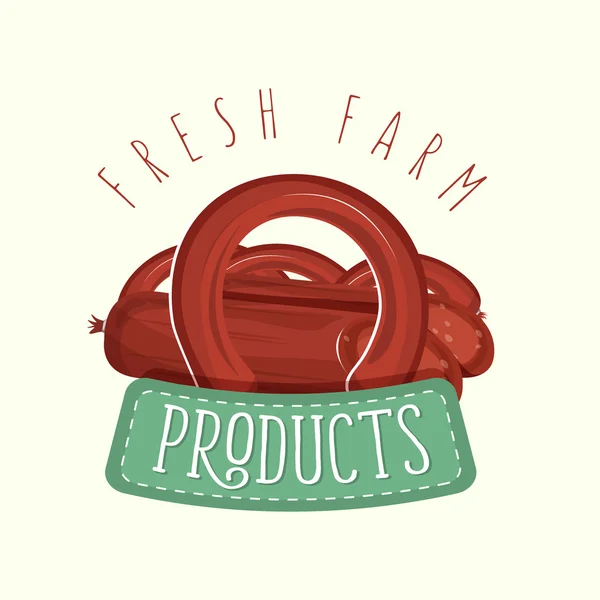 Design de logotipo pintado de salsichas com moldura e letras. Ilustração vetorial para design de alimentos, loja de fazenda, branding, adesivo e design de etiquetas . —  Vetores de Stock