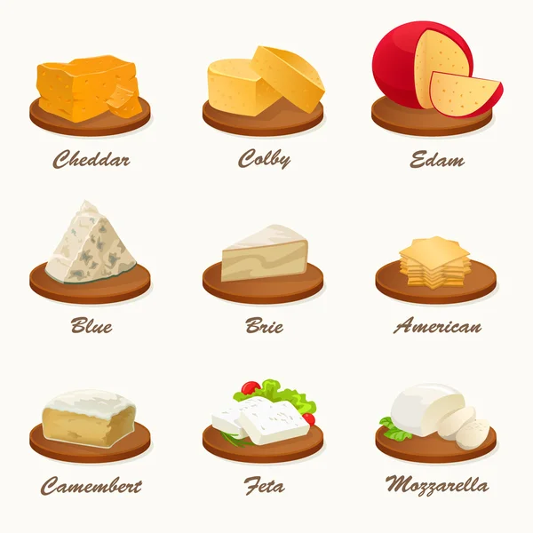 Conjunto de diferentes tipos de queso en tabla de cortar. Ilustración vectorial realista. Colección de queso . — Vector de stock