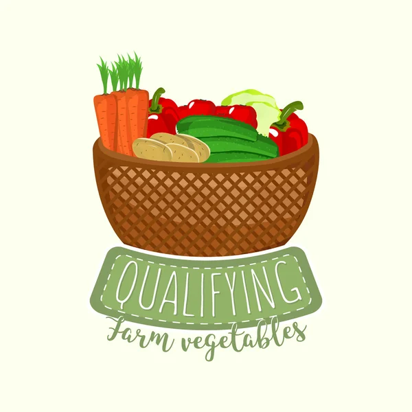 Conception de logo peint de panier complet de légumes avec cadre et lettrage. Illustration vectorielle pour la conception d'aliments, magasin de ferme, marque, autocollant et conception d'étiquettes . — Image vectorielle