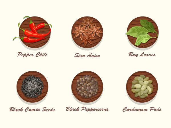 Different kinds of spices on wooden board. — Stock Vector