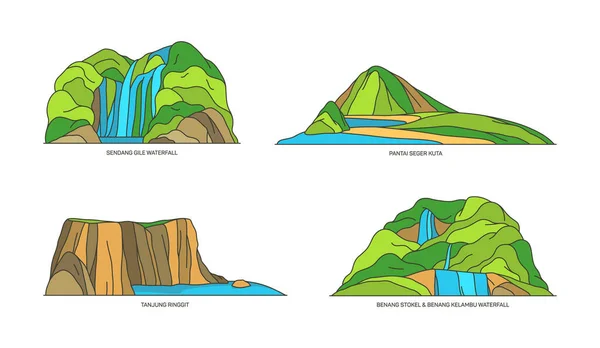 Indonesia lugares de interés, Bali, Islas Lombok en línea — Vector de stock