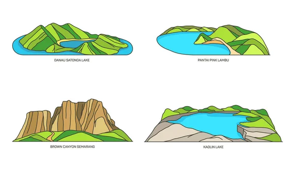 Indonesien Sehenswürdigkeiten, Linie Reise-Symbole in Farbe — Stockvektor