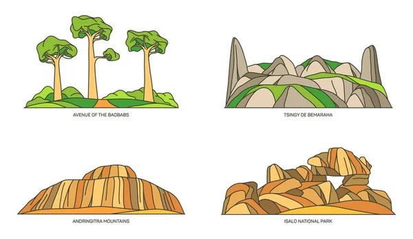 Madagaskar landmärken eller Afrika naturliga ikon set — Stock vektor