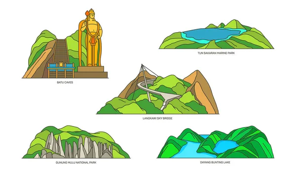 Malasia monumentos lineales, viajes e iconos de la naturaleza — Vector de stock