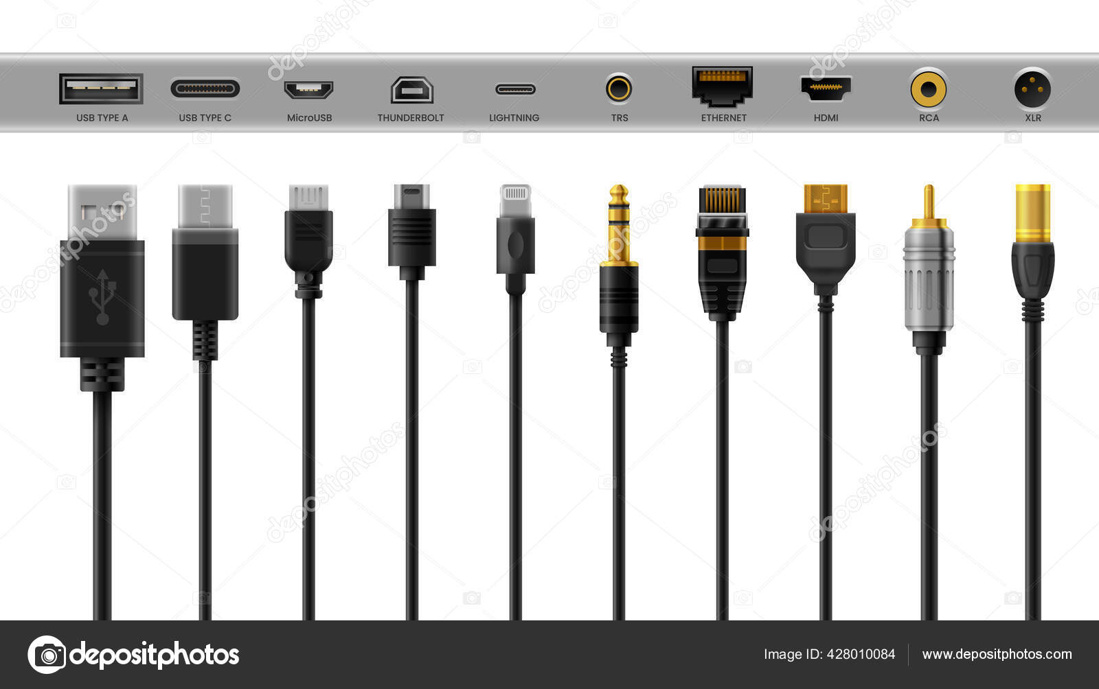 Black cable adapters, USB charger, connector wires Stock Vector by ©Gendzi  428010084