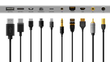 Siyah kablo adaptörleri, USB şarj aleti, bağlantı kabloları