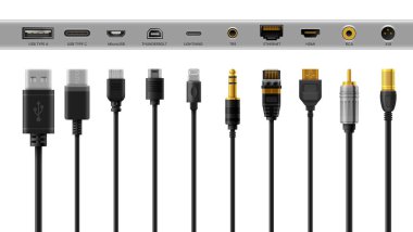 Black cable adapters, USB charger, connector wires clipart