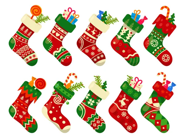 Christmas socks and gifts, New Year Xmas stockings — Stock Vector