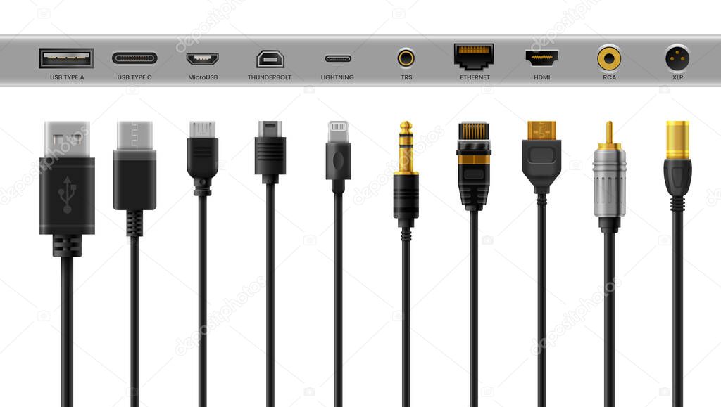 Black cable adapters, USB charger, connector wires