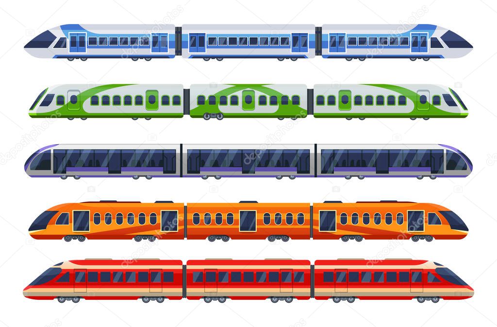 Set of railway transport, trains, subways, metro