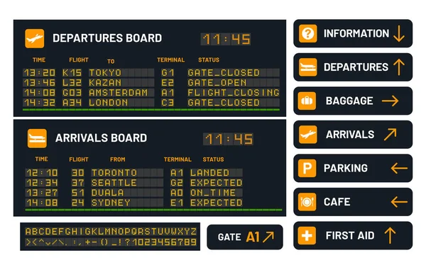 Airport vector board set for announcing flight — Stock Vector