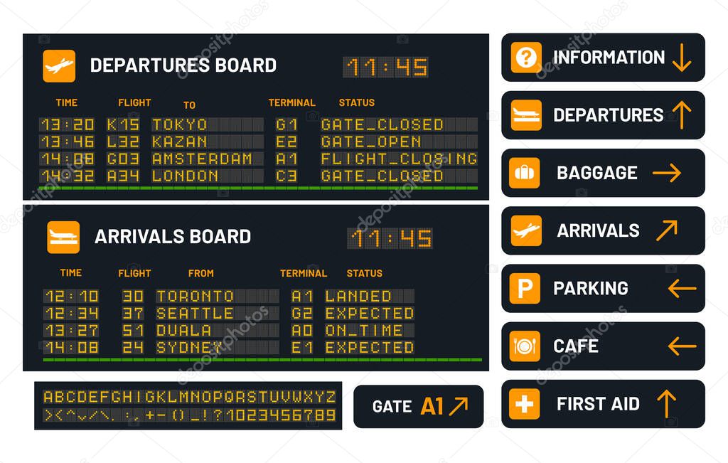 Airport vector board set for announcing flight