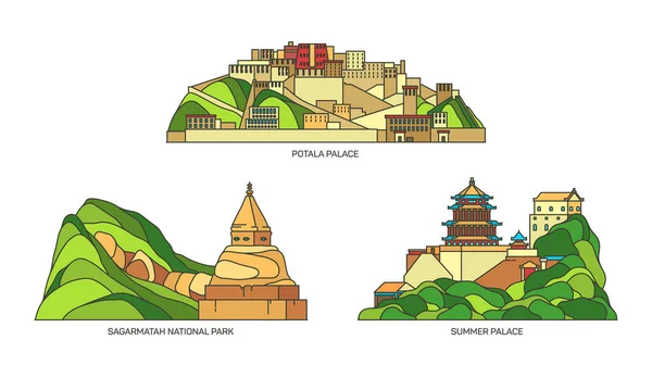 Conjunto de marcos da China, parques e turismo — Vetor de Stock