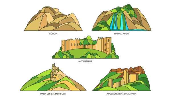 Set van Israël reizen oriëntatiepunten of landschap — Stockvector