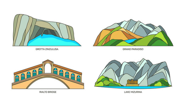 Набор достопримечательностей Италии, природный ландшафт